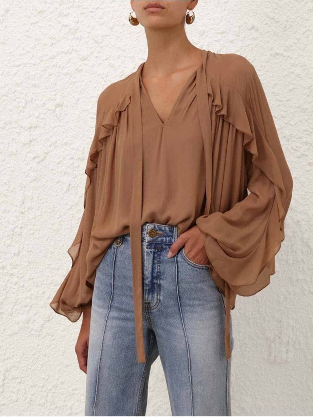 Zimmermann Camel Tie-Neck Ruffle Sleeve Blouse